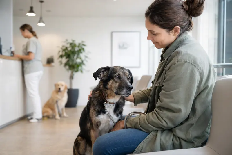 Ein dunkler Hund sitzt ruhig neben seinem Besitzer im hellen Wartezimmer einer modernen Tierarztpraxis.